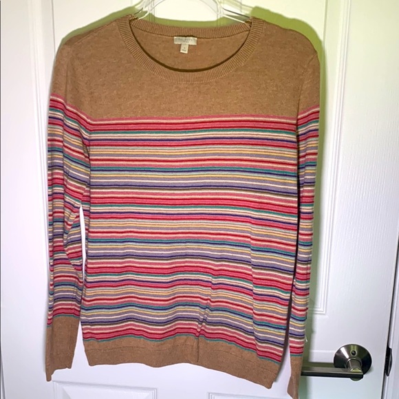 Talbots Sweaters - Talbots cotton blend lightweight crewneck knit top camel w/rainbow stripes small